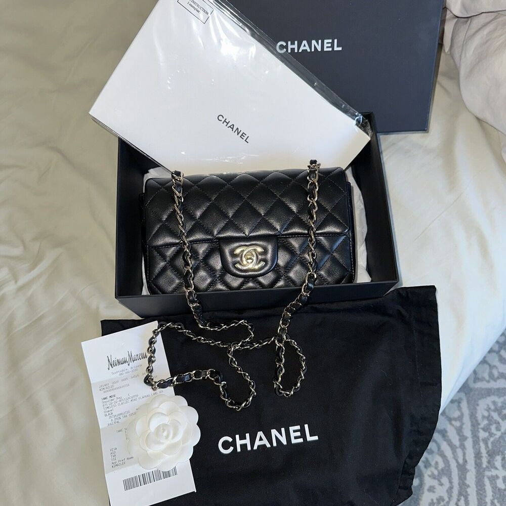 Chanel Black Lambskin Leather Mini Classic Rectangular Flap Light Gold Hardware